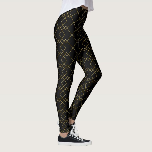 Stylish Gold Geometric Box Design Black Leggings (Höger)