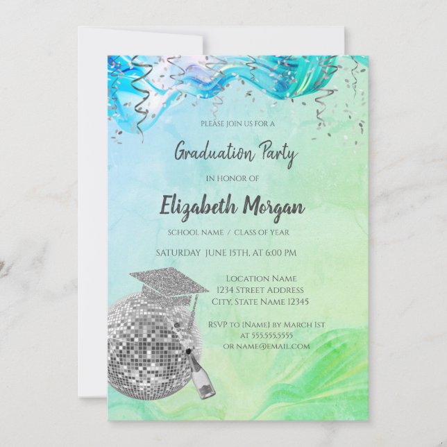 Stylish Grad Cap,Disco Ball,Wine Green Abstract Inbjudningar (Framsida)