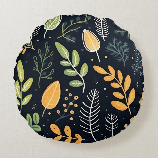 Stylish Green and Yellow Foliage Pattern  Rund Kudde (Framsidan)