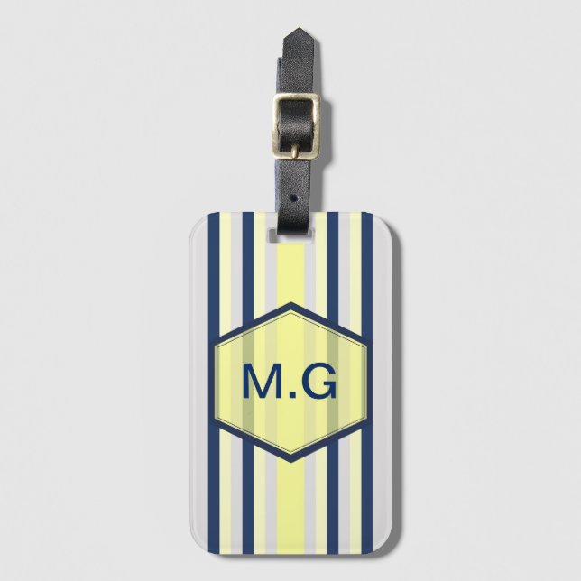 Stylish Grey and Yellow Stripes Monogram Bagagebricka (Framsida vertikal)