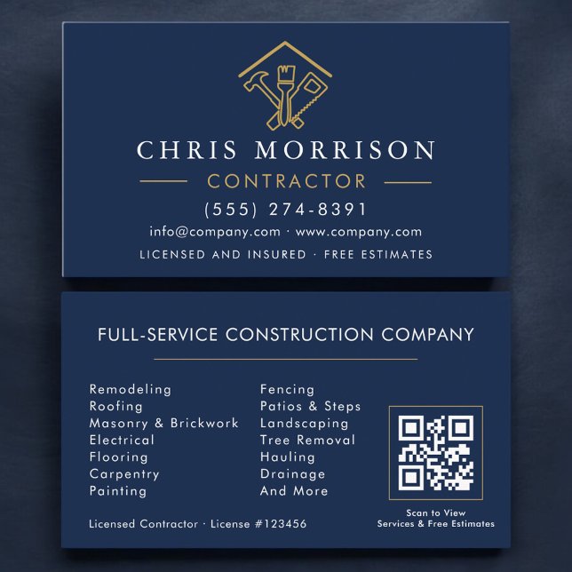 Stylish Home Repairs Contractor Navy Blue QR Code Visitkort (Skapare uppladdad)