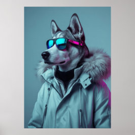 Stylish Husky in Winter Jacket Neon Art Poster