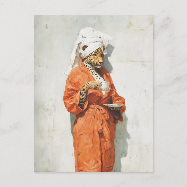 Stylish Leopard Morning Coffee Portrait Vykort (Framsida)
