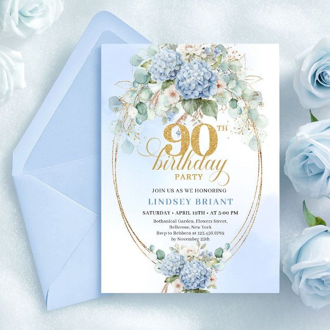 Stylish Light Blue Hydrangeas 90th Birthday Invite Inbjudningar (Stylish Light Blue Hydrangeas 90th Birthday Invite)