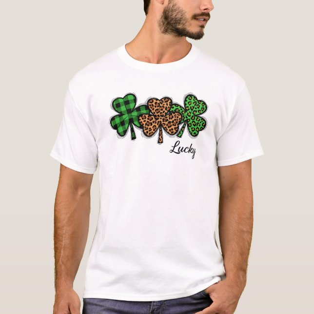 Stylish Lucky Clover Buffalo Plaid Leopard Art T Shirt (Framsida)