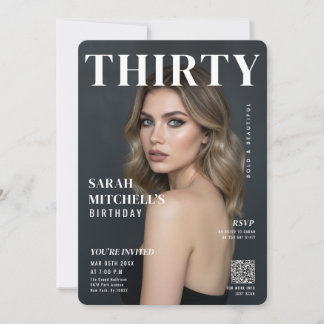 Stylish Magazine Cover Photo 30th Birthday QR Code Inbjudningar