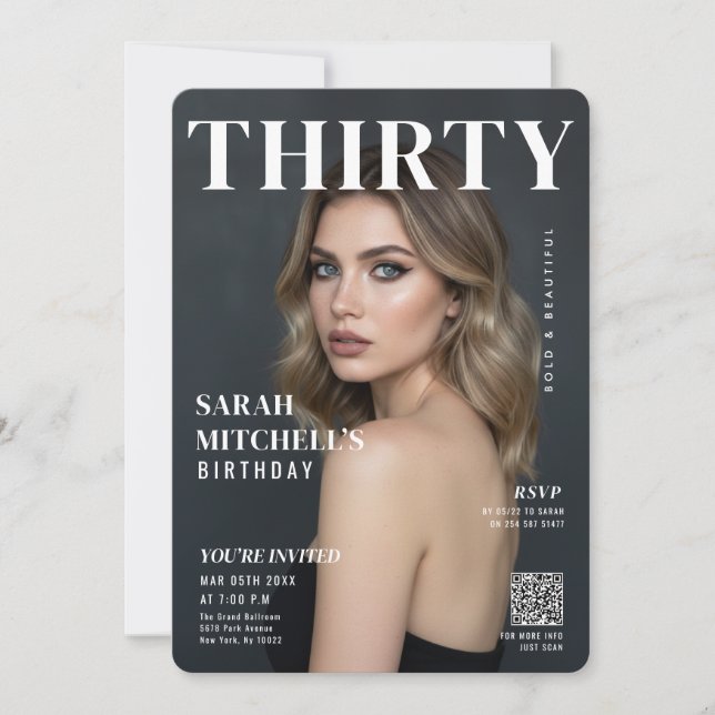 Stylish Magazine Cover Photo 30th Birthday QR Code Inbjudningar (Framsida)