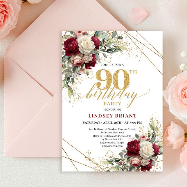 Stylish Marsala Gold Roses 90th Birthday Invitatio Inbjudningar (Stylish Marsala Gold Roses 90th Birthday Invitation

)