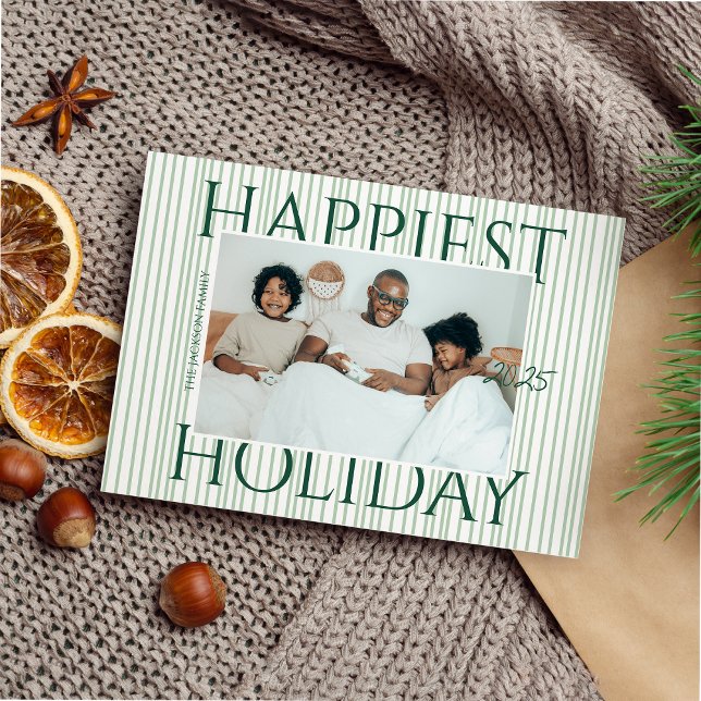 Stylish Modern Green Stripes Family Photo Happiest Julkort (Skapare uppladdad)
