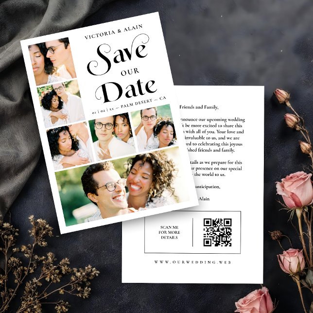Stylish Modern Minimalist 6-Photo Collage Wedding  Spara Datumet (Stylish Modern Minimalist 6-Photo Collage Wedding Save the Date with QR Code.)