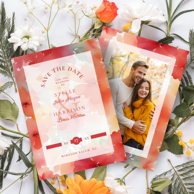 Stylish Modern Orange & Red Shades Floral Wedding Spara Datumet (Stylish Modern Orange & Red Shades Floral Design Wedding Save the Date Card with Envelope. )
