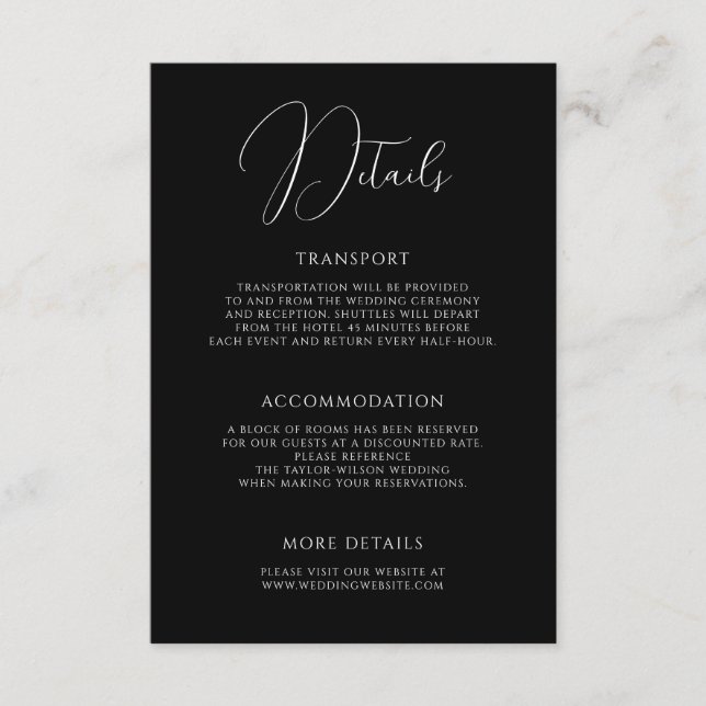 Stylish Modern Script Black Wedding Details Tilläggskort (Framsida)