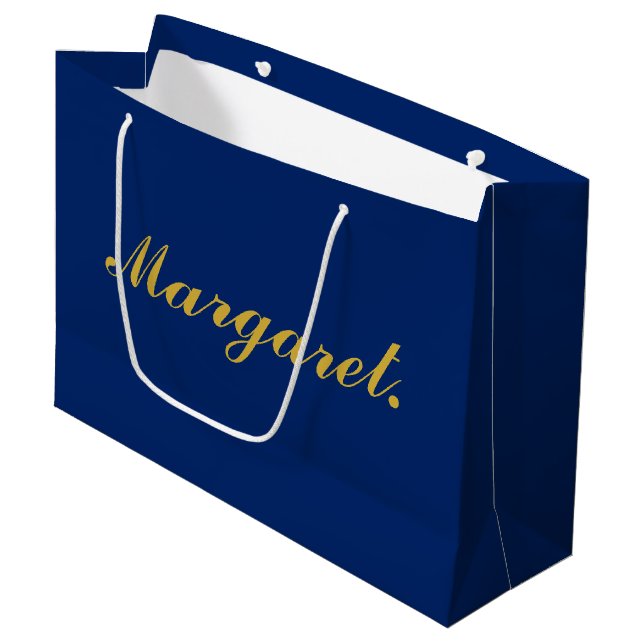 Stylish Navy Large Personalized Gift Bag with Name (Framsidan Vinklad)