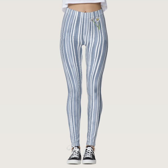 Stylish Pale Blue Striped Watercolor Daisy  Leggings (Framsida)