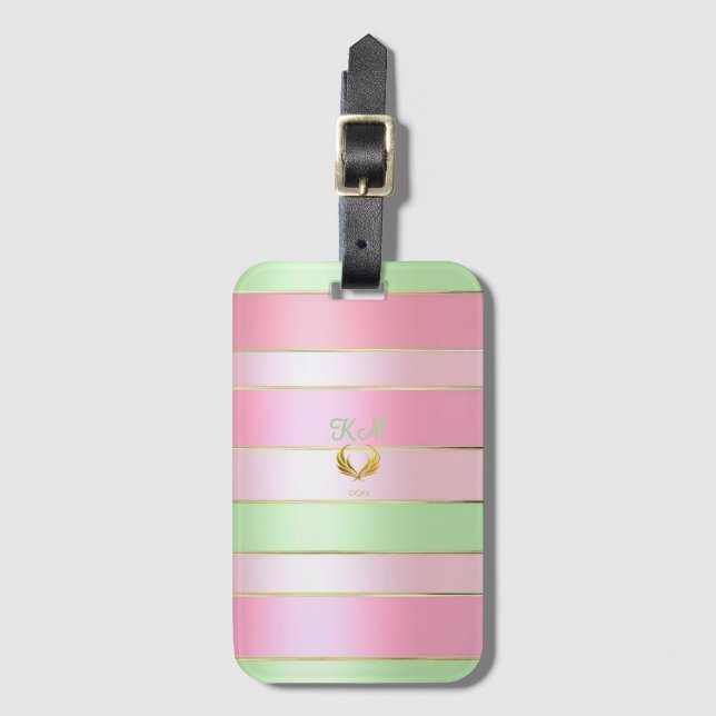 Stylish Pastel Pink and Green Monogrammed  Bagagebricka (Framsida vertikal)