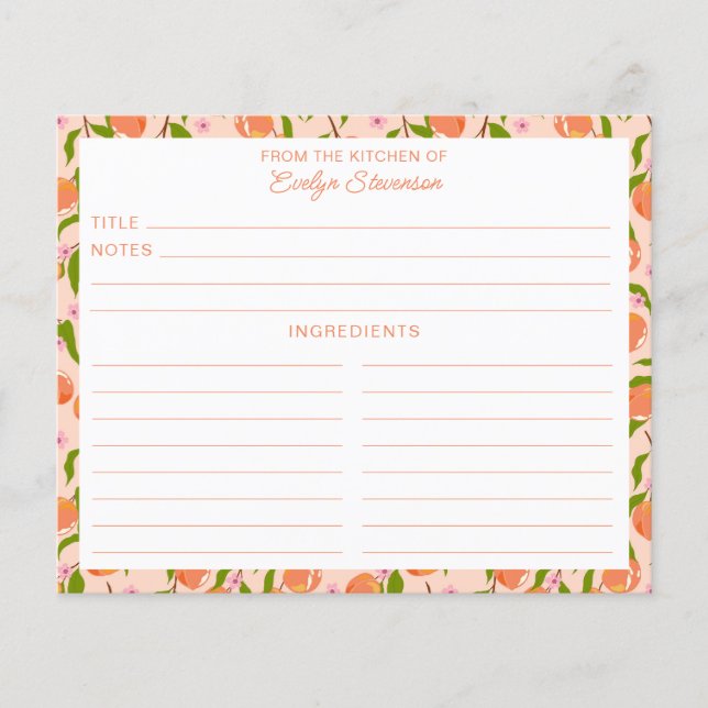 Stylish Peach Fruit Botanical Cute Recipe Card (Framsida)