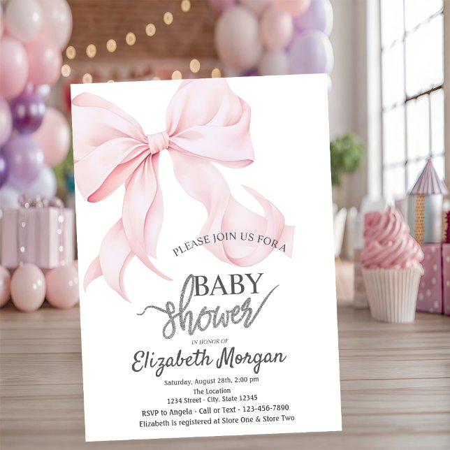 Stylish Pink Bow Striped Baby Shower Inbjudningar (Skapare uppladdad)