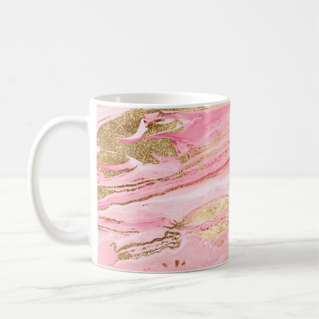 Stylish Pink Gold Abstract Marble Liquid Paint Kaffemugg (Vänster)