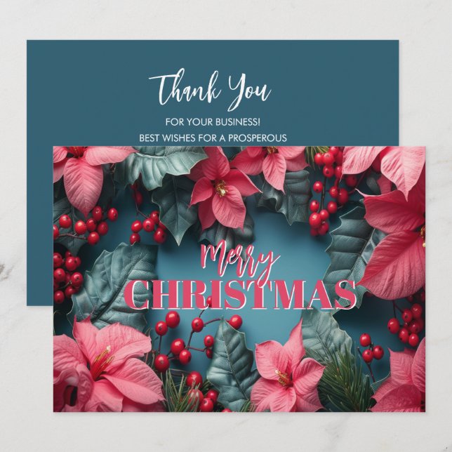 Stylish Pink Poinsettias Business Logo Christmas Julkort (Fram/baksida)