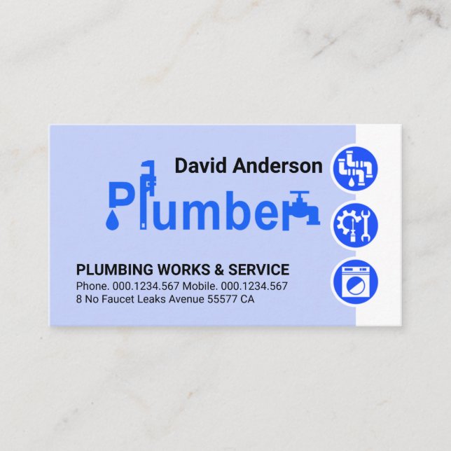 Stylish Plumber Signage Blue Plumbing Icons Visitkort (Framsida)