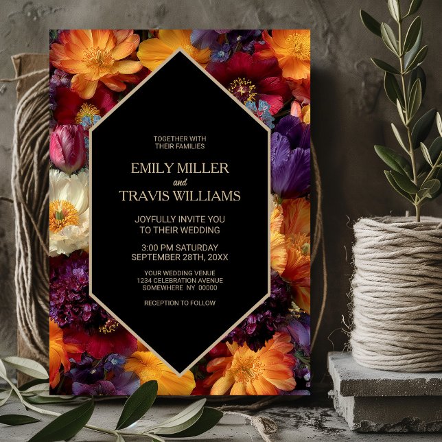 Stylish Purple and Orange Floral Black Wedding Inbjudningar (Skapare uppladdad)
