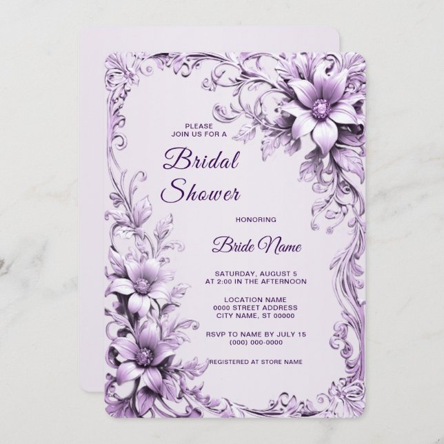 Stylish Purple Flowers Bridal Shower Invitation Inbjudningar (Fram/baksida)