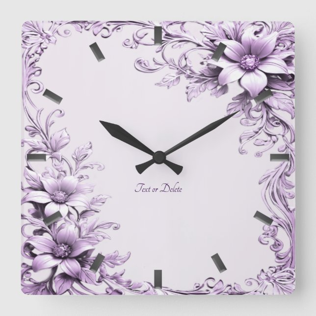 Stylish Purple Flowers Wall Clock Fyrkantig Klocka (Framsida)