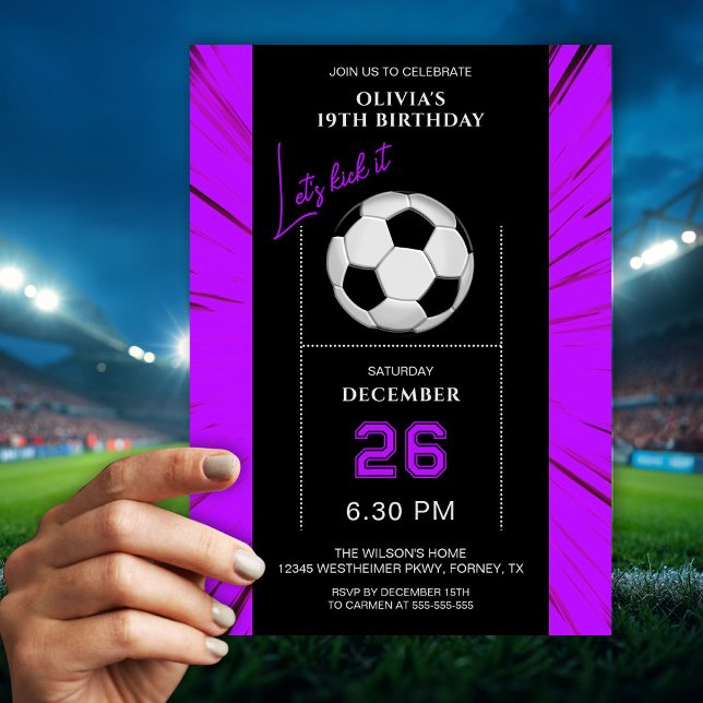 Stylish Purple Soccer Birthday Invitation Inbjudningar (Skapare uppladdad)