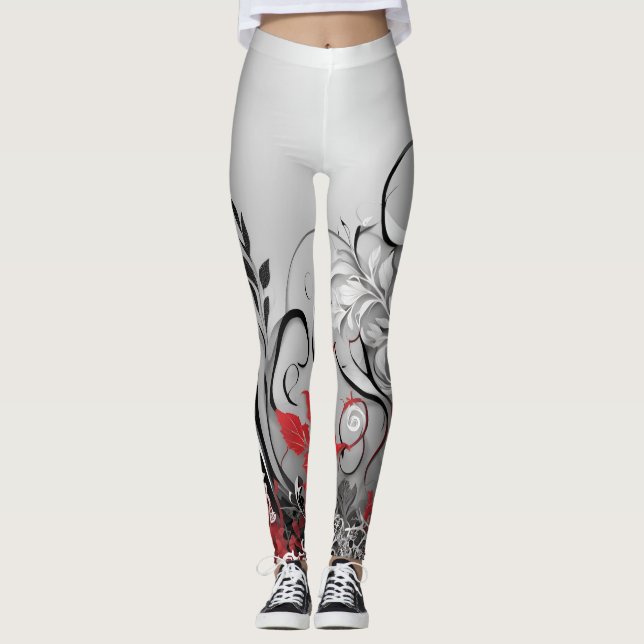 Stylish Red Black and Grey Leaf Design Leggings (Framsida)