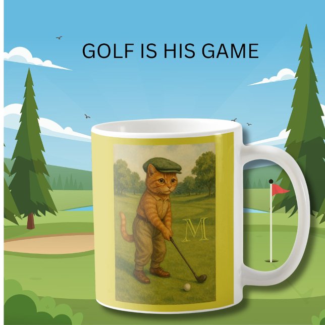 Stylish Retro Cat Playing Golf Custom Monogram  Kaffemugg (Skapare uppladdad)