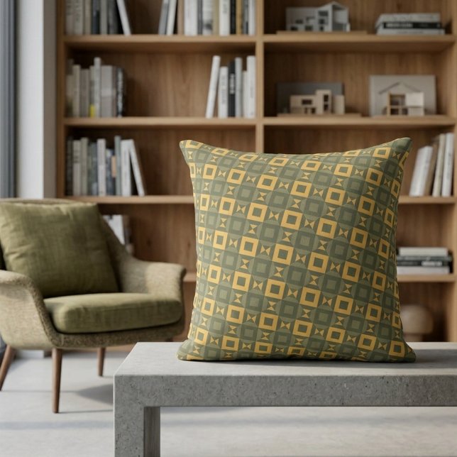 Stylish Retro Olive Green Gold Geometric Pattern Kudde (Skapare uppladdad)