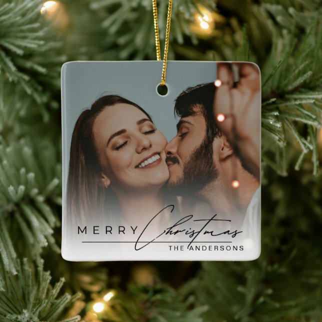 Stylish Script Elegant Photo Merry Christmas  Julgransprydnad Keramik (Träd)