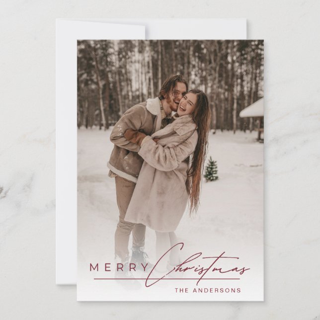 Stylish Script Elegant Photo Red Merry Christmas  Julkort (Framsida)