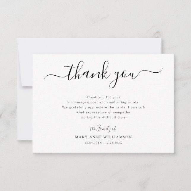 Stylish script funeral thank you note tack kort (Framsida)