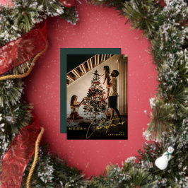 Stylish Script Minimalist 1 Photo Green Christmas