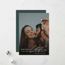 Stylish Script Minimalist 1 Photo Green Christmas Julkort