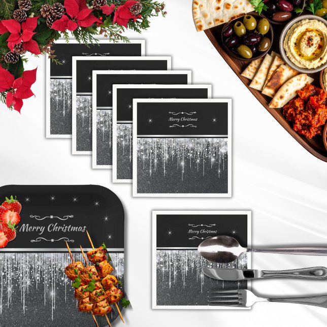 Stylish Silver and Black Merry Christmas Party Pappersservett (Stylish black paper party napkins with silver accents and white border. Personalize or keep text)