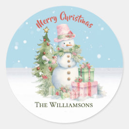 Stylish Snowman (Lady) Watercolor Christmas Tree  Runt Klistermärke
