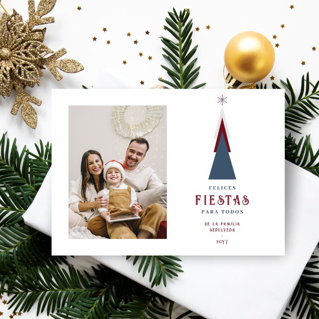 Stylish Spanish Colorful Christmas Tree Photo  Julkort (Spanish Modern and Colorful Christmas Card with Christmas Tree Photo,)