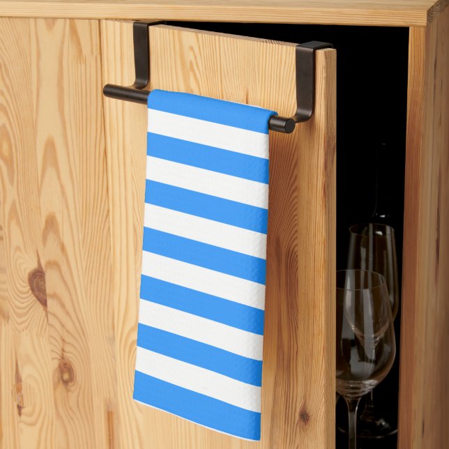 Stylish Striped White and Bright Blue Kökshandduk (Thirds Fold)