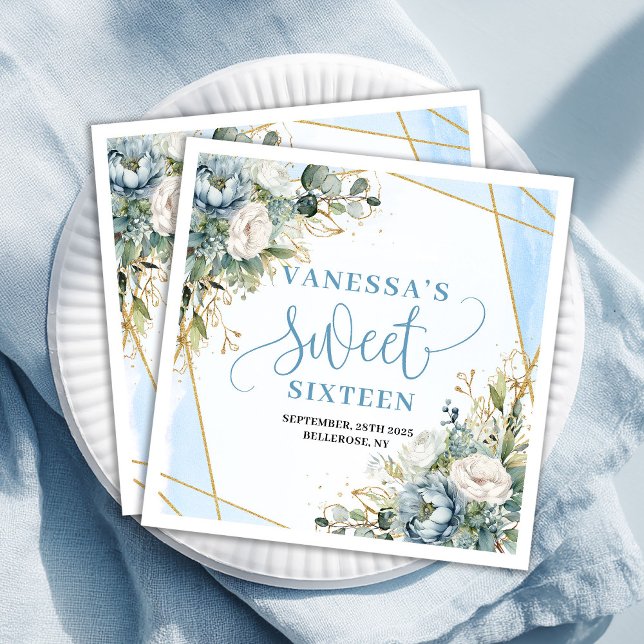 Stylish Sweet 16th Blue Floral Greenery Napkins Pappersservett (Stylish Sweet 16th Blue Floral Greenery Napkins)