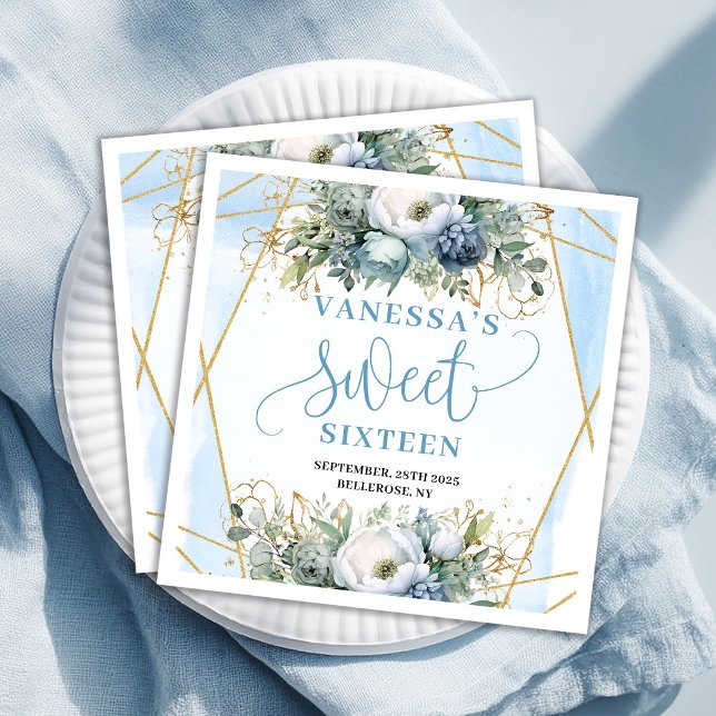 Stylish Sweet Sixteen Blue and Gold Floral Napkins Pappersservett (Stylish Sweet Sixteen Blue and Gold Floral Napkins)