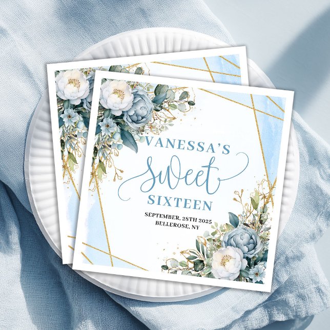 Stylish Sweet Sixteen Dusty Blue Greenery Party   Pappersservett (Stylish Sweet Sixteen Dusty Blue Greenery Party Paper Dinner Napkins )