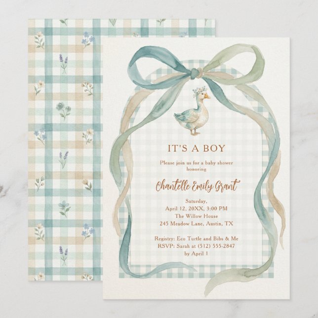 Stylish Sweet Teal Bow Goose Baby Shower TMF26 Inbjudningar (Fram/baksida)