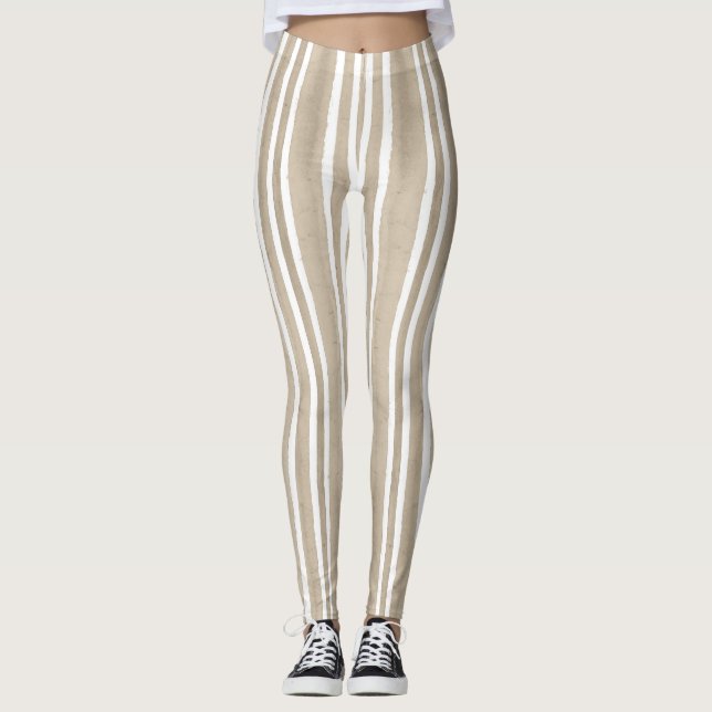 Stylish Taupe Hand Painted Striped Yoga Exercise Leggings (Framsida)