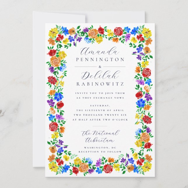Stylish Watercolor Floral Frame Queer Wedding Inbjudningar (Framsida)