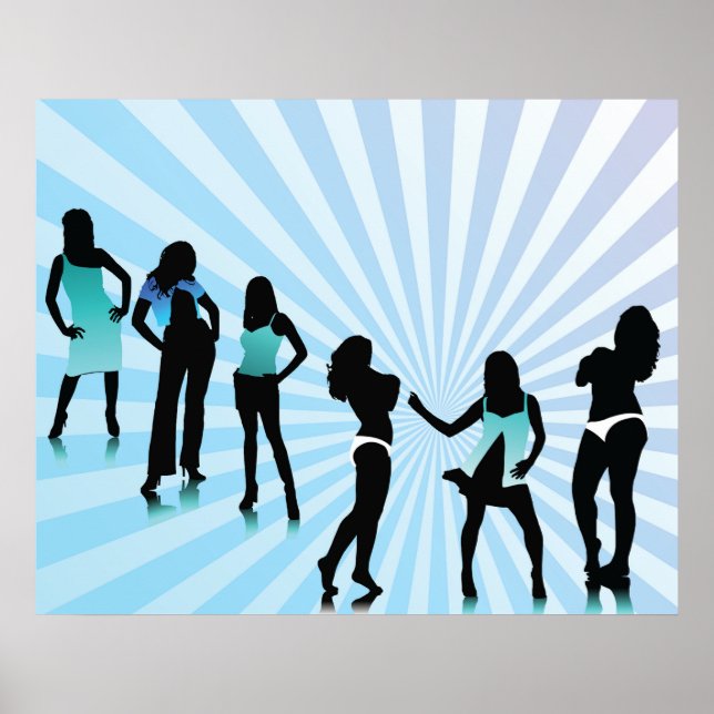 Stylish Women Silhouettes Teal Blue Fashion Poster (Framsidan)