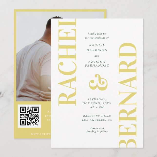 Stylish Yellow & Green Typography QR Code Wedding Inbjudningar (Fram/baksida)