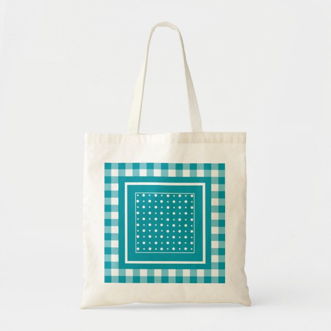 StylishTote Bag, Teal Polka dots och Check Gingham Tygkasse (Framsidan)