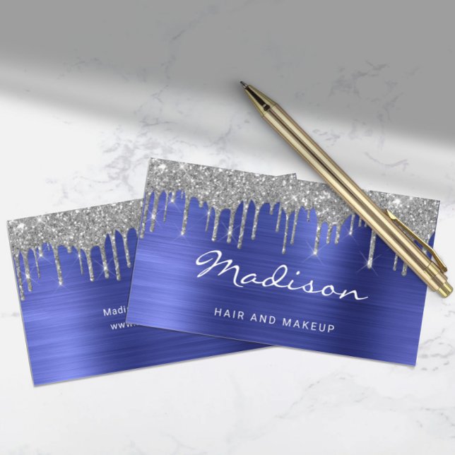 Stylist chic Blue Silver Glitter Drives Visitkort (Chic Blue Silver Glitter Drips Stylist Business Card)